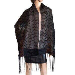 Elegant Black Sheer Mesh Shawl Mini Poms Textured Fringe Night Out Goth Boho